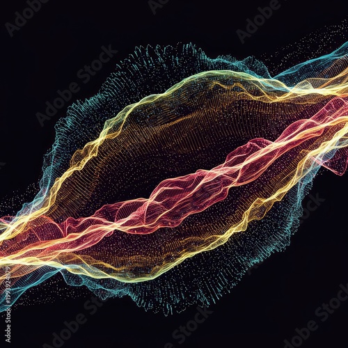 Conceptual representation of coherent waves and vibrations interacting in a complex, flowing energy field. Vibrant abstract background, coherence, radiation, physics