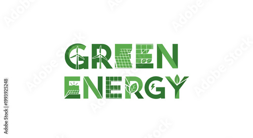 Green Energy Concept: Wind Turbine, Solar Panels, Leaves, Lightbulb