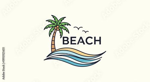 Beach logo with palm tree waves.