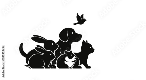 Black silhouettes of dog cat rabbit bird.