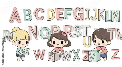 Cartoon children learning alphabet letters.