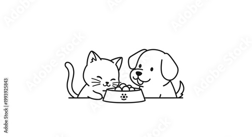 Cat and dog eating together.