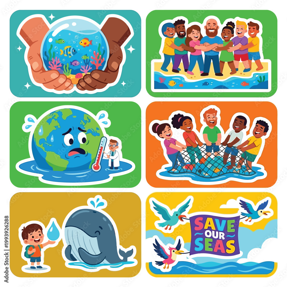 Fototapeta premium Collection Of 6 Exaggerated Cartoon Stickers Flat Vector Art Showing World Oceans Day Huge Hands Embracing A Watery Globe Diverse People Protecting The Sea Together On Background