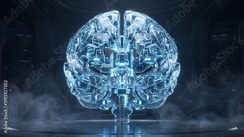 A futuristic blue brain with circuit boards and wires is displayed in a dark room with smoke effects
