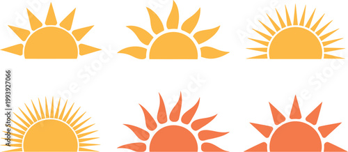 Yellow and orange sun icons showing sunrise or sunset with rays representing solar energy and warm summer weather concept Vector Illustration.