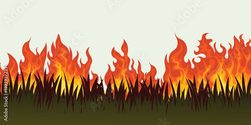 Forest wildfire intense flames in grass vector illustration background. Environmental disaster, climate change impact, and wildlife in danger.