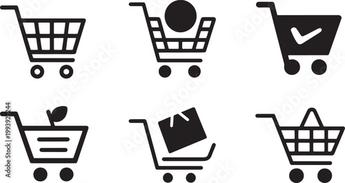Black shopping cart icons collection for ecommerce retail store online business and consumer purchasing process symbols Vector Illustration.