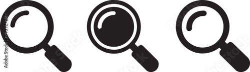 Set of three black silhouette magnifying glass vector icons for search and discovery functions.