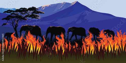 Forest wildfire intense flames with silhouettes animals in a smoky environment vector background. Environmental disaster, climate change impact, and wildlife in danger.