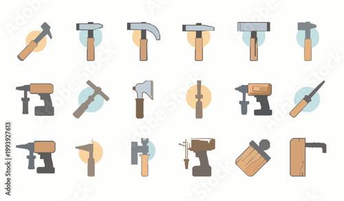 Carpenter tools vector icon collection colored woodworking equipment illustration