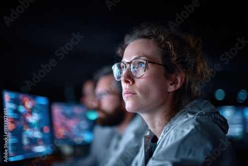 Focused Glance: A determined individual, absorbed in their task, peers intently at the digital screen, displaying focus and concentration in a dimly lit environment. 