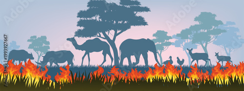 Forest wildfire intense flames with silhouettes animals in a smoky environment vector background. Environmental disaster, climate change impact, and wildlife in danger.