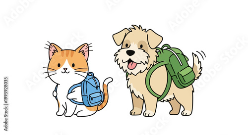Cartoon cat and dog with backpacks.