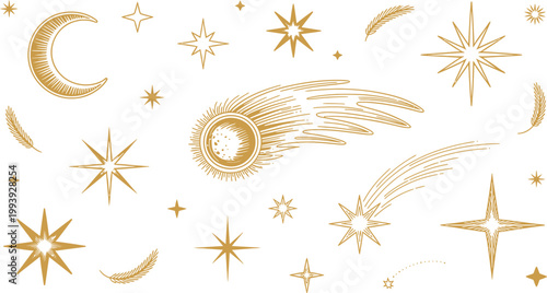 Celestial featuring a comet crescent moon and starbursts in gold