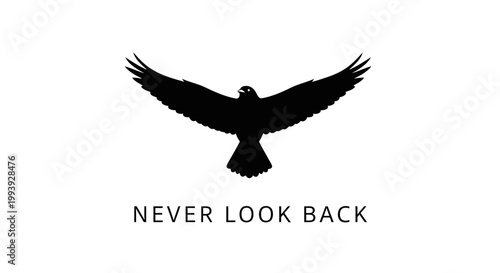 Silhouette of a soaring eagle with outstretched wings, text 'NEVER LOOK BACK'