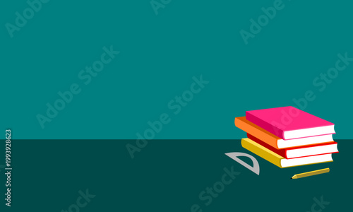 Принти на полотні Colorful stack of books with ruler and pencil on green background
