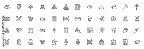 HISTORY_5651 icon set. Vector illustration pack featuring viking ship, shield, sphinx, maya, fortress, skull, archaeology, compass, hieroglyph, chinese temple, armor, fossil, pillar and more.