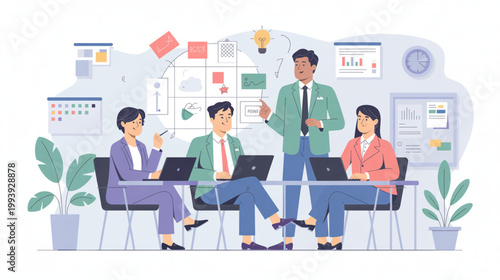 Business team meeting, office collaboration, people working, laptop computers, flat design vector illustration