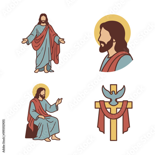 Collection of Christian religious illustrations, featuring Jesus Christ depicted in various poses and symbolic elements like the cross and dove, representing faith, devotion, and spiritual belief