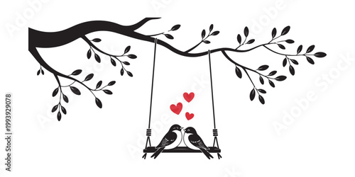 Two lovebirds on swing under tree branch hearts symbol romantic relationship love affection courtship birds.