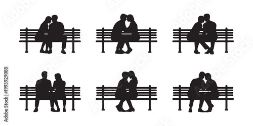 Couple silhouettes on park bench outdoor romantic relationship dating affection intimacy quiet moment romance love.