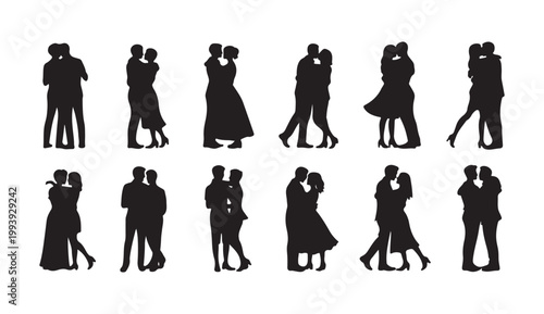 Elegant romantic couple silhouettes including wedding pairs and lovers standing in tender poses for artistic layout.
