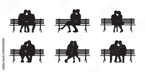 Six different silhouettes of couples sitting on benches, depicting togetherness and romantic moments.