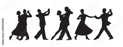 Silhouettes of couples dancing ballroom dancing and romantic embraces showing love and passion in celebration.