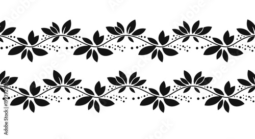 Seamless black and white ornamental border with stylized lotus flowers and intricate swirling floral patterns, decorative line art design.