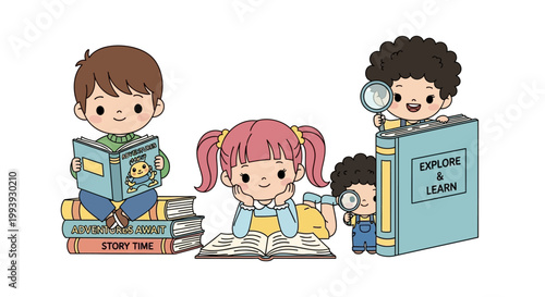 Children reading books and learning.