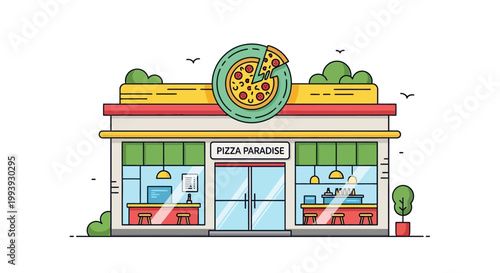Colorful Pizza Restaurant Store Front Exterior.