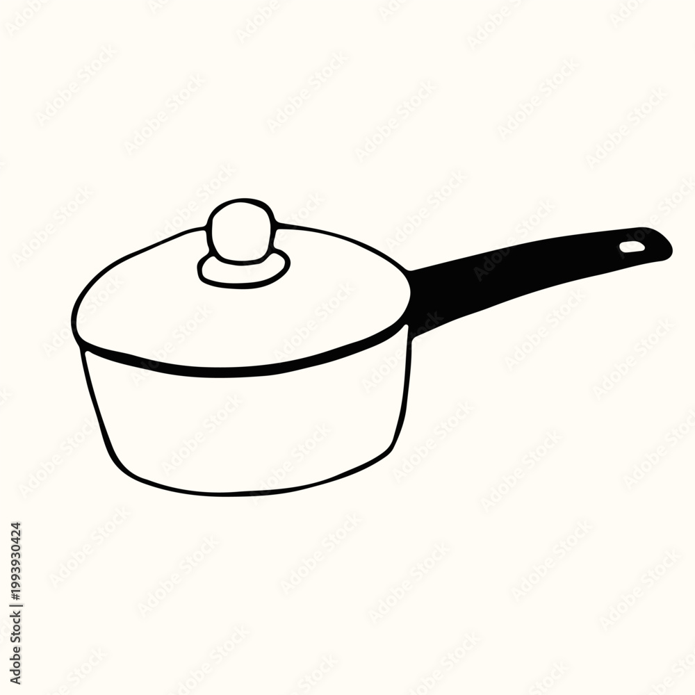 Obraz premium Simple hand drawn saucepan with a practical lid and a sturdy long handle. This clean black and white vector graphic is perfect for cooking instructions and minimalist kitchenware catalogs