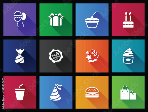 Birthday icons in long shadows color style