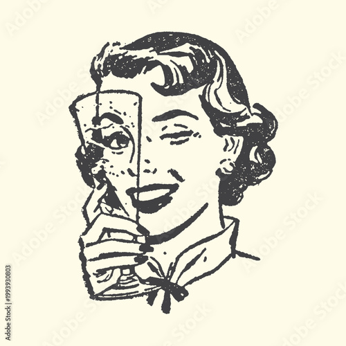 Photos Retro woman peeking through playing card with illustration surprise lifestyle fa