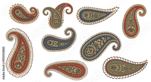 Set of Colorful Paisley Pattern Elements, isolated white background.