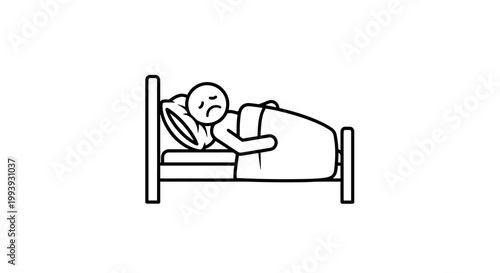 Sad Man Lying in Bed, Experiencing Sleeplessness or Unwellness, isolated white background.
