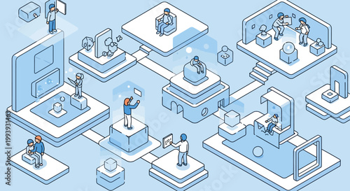 Isometric vector graphic visualizing a dynamic digital ecosystem, where people interact with technology, manage data, and collaborate across an interconnected network