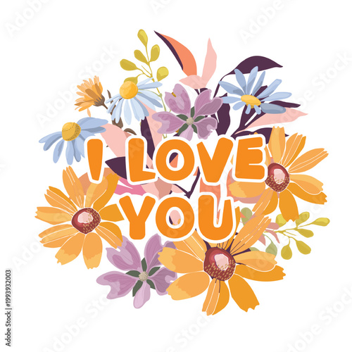 Vector flower card with the inscription I love you