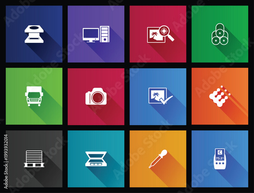 Printing and graphic design icon series in long shadows color style