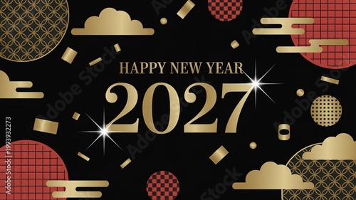 Luxurious 2027 new year greeting design with traditional gold cloud motifs geometric circle patterns and sparkling accents on sleek black background for festive cards banners and digital displays