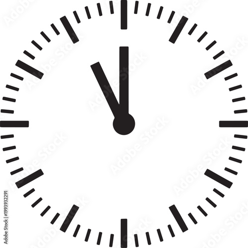 Analog clock face design with black hands showing eleven fifty five time for countdown deadline and management concept Vector Illustration.