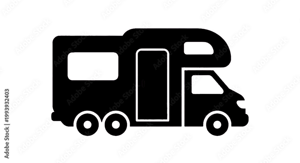 Fototapeta premium Vector illustration of black silhouette icon of a motorhome or recreational vehicle on a transparent background