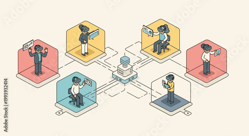 Isometric illustration of people interacting in a virtual reality network