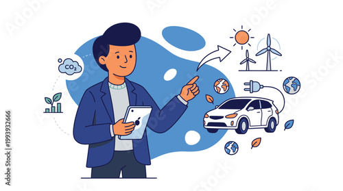 Young Man Presenting Innovative Ideas on Electric Vehicle and Renewable Energy Solutions