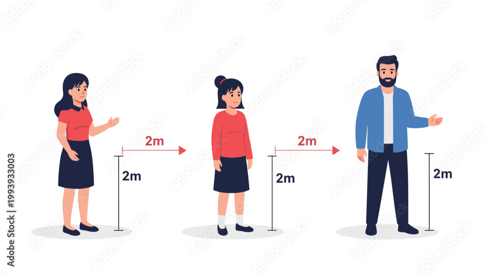 Fototapeta premium Educational infographic illustrating social distancing guidelines with characters standing at a safe two meter distance from each other.
