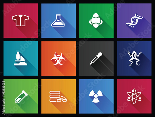 Science icons in long shadows color style