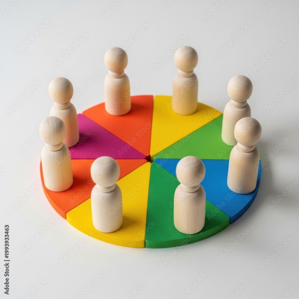 Obraz premium Wooden Peg People Arranged in a Circle on a Colorful Pie Chart.