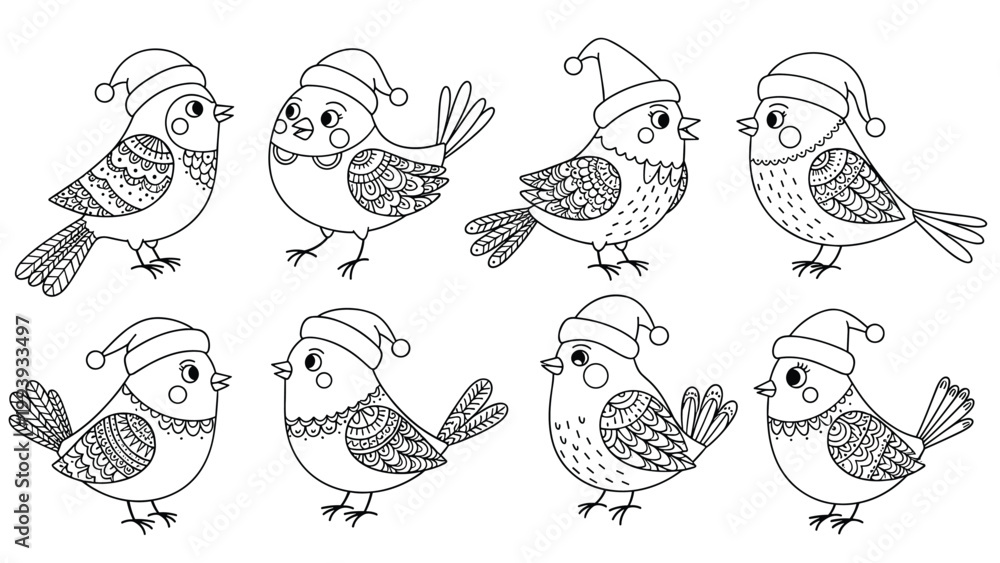 Obraz premium Set of adorable hand-drawn birds wearing festive Santa hats in a black and white coloring book style illustration.