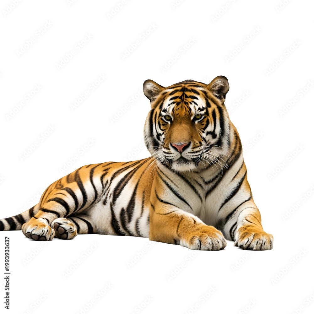Obraz premium Young majestic bengal tiger resting on white background with soft natural lighting