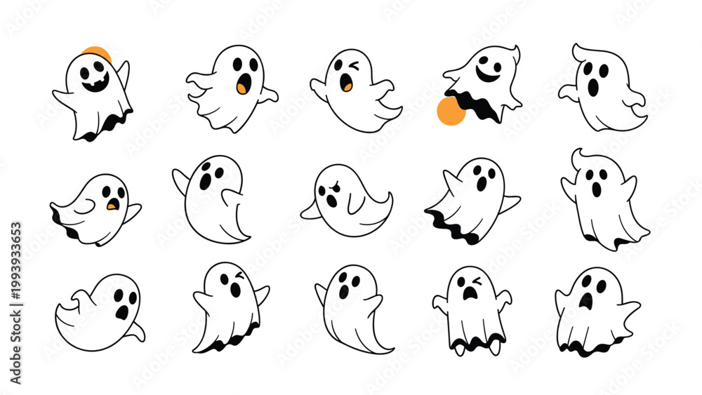Fototapeta premium Set of playful cartoon ghost characters with different facial expressions and poses for halloween decoration and festive design.
